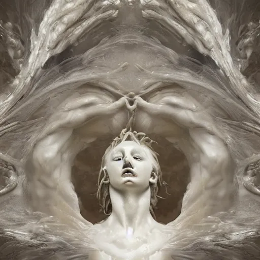 Image similar to realistic digital painting of a stunning intricate cracked white marble falling angel with face of piero angela bernini sculpture, trailing white vapor, mycelium stands and misty xparticles neutral tone background, trending on artstation, hyperrealism, matte painting, subsurface scattering