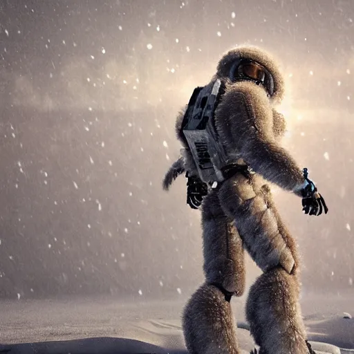 Prompt: bipedal mecha wrapped in fur, standing in the snow. Highly detailed, octane render, 4k, artstation.