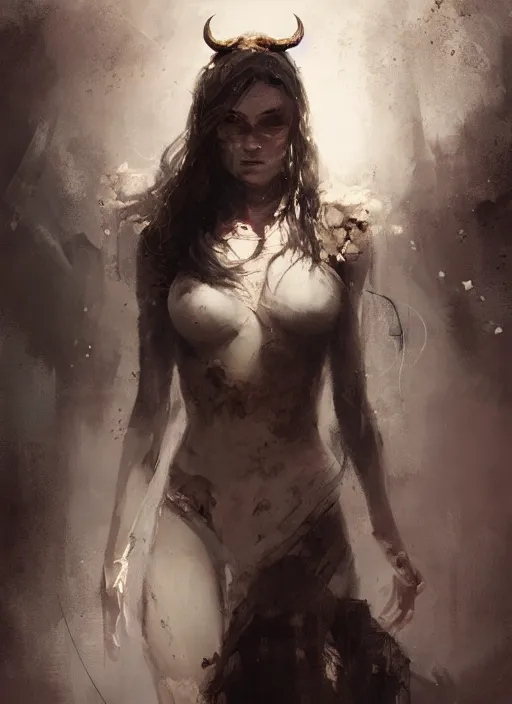 Image similar to female devil girl, beautiful face, rule of thirds, intricate outfit, spotlight, by greg rutkowski, by jeremy mann, digital painting