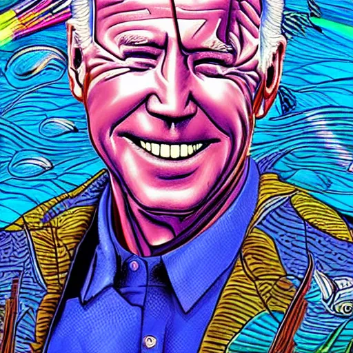 Image similar to joe biden fishing in space in the style of alex grey, dmt, acid, colorful,
