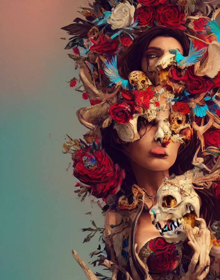 Prompt: a beautiful Hispanic woman in ripped clothes , birds, skulls, flowers. baroque elements, human skull. intricate artwork by artstation. halo. octane render, cinematic, hyper realism, octane render, 8k, depth of field, bokeh. iridescent accents. vibrant. teal and gold and red colour scheme