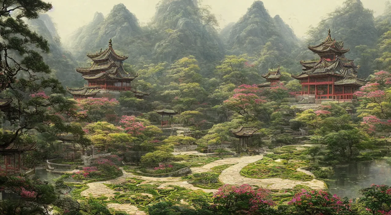 Prompt: a beautiful painting of a singular ancient Chinese palace, with a garden, by greg rutkowski and thomas kinkade