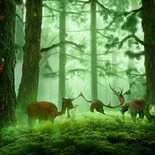 Image similar to deep forest with mystical creatures, rendered in octane, magic, love energy, nature, lush green environment, rendered octane
