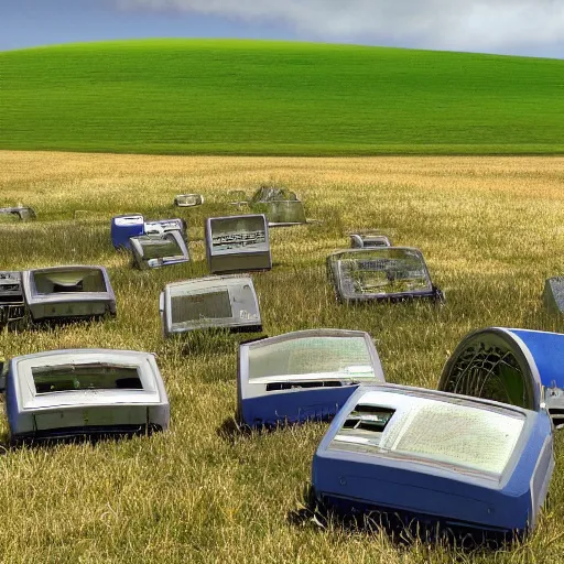 Prompt: windows xp screensaver with many broken dilapidated old computers graveyard