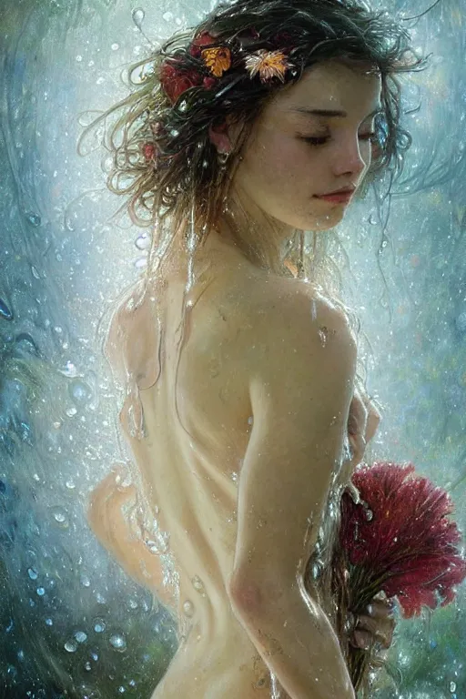 Image similar to portrait of a beautiful woman holding a bouquet of flowing flowers, drenched body, wet dripping hair, emerging from the water, fantasy, regal, fractal crystal, fractal gems, by stanley artgerm lau, greg rutkowski, thomas kindkade, alphonse mucha, loish, norman rockwell