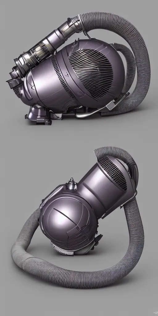 Image similar to insanely detailed product rendering of a vintage dyson vacuum cleaner, corrugated hose, chrome body, in the colors of Audrey kawasaki and style of jeff koons, unreal engine 5, nanite, quixel mixer, trending on behance, corporate 3d