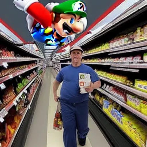 Image similar to Super Mario caught on security footage rummaging through the mushroom section of a supermarket, realistic, paranormal