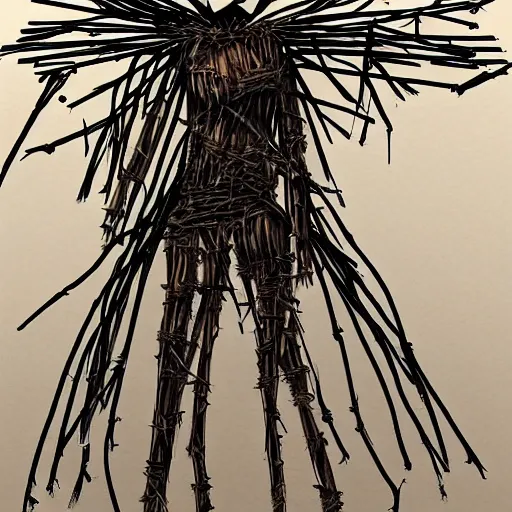 Image similar to concept art of a scary female scarecrow made of twigs metal bars and old clothes