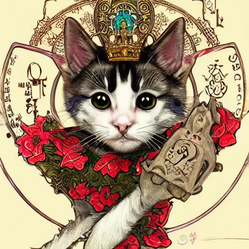 Image similar to A heraldic queen kitty cat with big cute eyes and her paw raised like a japanese maneki-neko and flowers around, D&D, fantasy, intricate, cinematic lighting, highly detailed, digital painting, artstation, concept art, smooth, sharp focus, illustration, art by Akihiko Yoshida, Greg Rutkowski and Alphonse Mucha