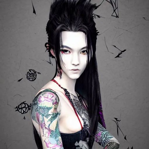 Image similar to japanese gothic model with maximalist hair style and kanji tattoos, style of trinity from the matrix, dark colors, fashion model, portrait shot, depth of field, 8 k, hyper detailed, intricate, trending on artstation