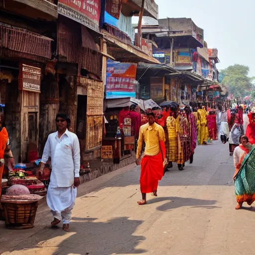 Image similar to A bustling city in ancient India with shops and people dressed in traditional Indian attire from 1000BC