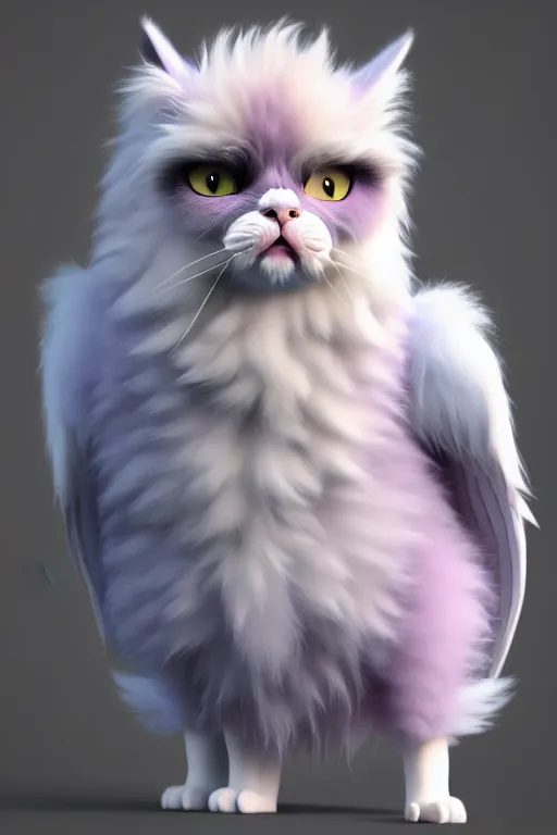 Prompt: high quality 3 d render hyperrealist very cute multipastel fluffy grumpy griffin cat hybrid with fluffy wings, vray, smooth in _ the background, artstation