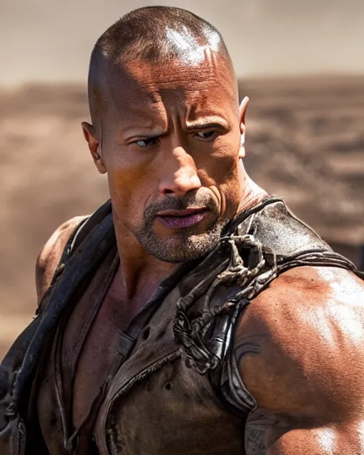 Image similar to film still close up shot of dwayne johnson as max rockatansky in the movie mad max. photographic, photography