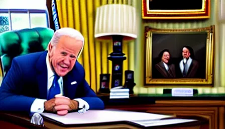 Image similar to joe biden makes sasquatch a federal agent in the oval office, photorealistic, ultra hd, 4 k, award winning, patriotic