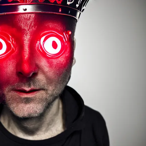 Prompt: man with a crown, smirk, photograph, black backgrounds, glowing red eyes, cyberpunk