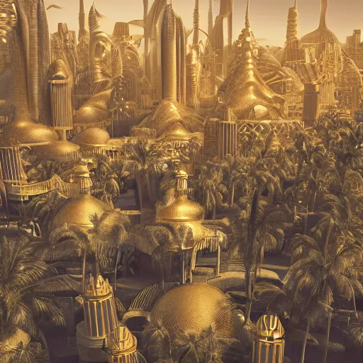 Prompt: cover concept art of the lost sand city, levitating sand, golden towers, golden pillars, palm trees, space and time, floating objects, post-processing, in the style of Hugh Ferriss, Behance, Artgerm. High detail, ultra realistic render, octane, 3D, photorealism, symmetric, cinematic