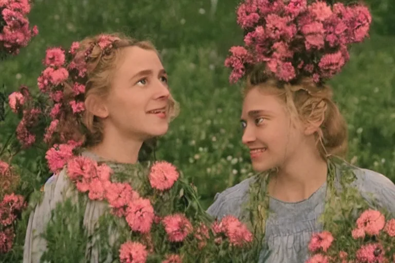 Prompt: vhs 1 9 8 0 s cinema footage of a womans head surrounded by giant beautiful flowers eerie smiling, scene from the movie midsommar, directed by ari aster, vintage film grain