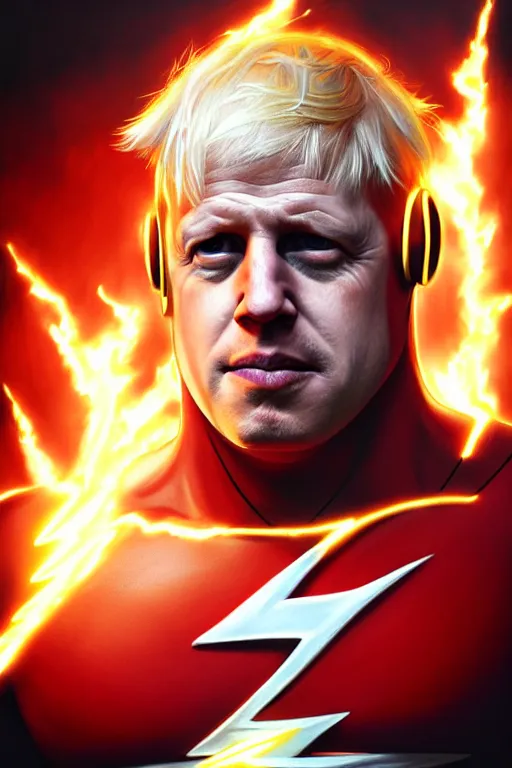 Image similar to Boris Johnson as Flash by Zack Snyder, realistic portrait, symmetrical, highly detailed, digital painting, artstation, concept art, smooth, sharp focus, illustration, cinematic lighting, art by artgerm and greg rutkowski and alphonse mucha