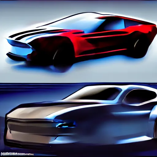 Prompt: hybrid design between an F1 car and Ford Mustang. No background, concept art style.