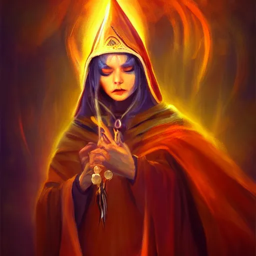 Prompt: ( a priestess with a hood that covers half her face carries an incense burner that emits a pleasantly colored flame. ) by anato finnstark, photorealistic, full body portrait, dynamic lighting, beautiful, trending on artstation, wallpaper, 4 k, award winning, digital art, very detailed faces