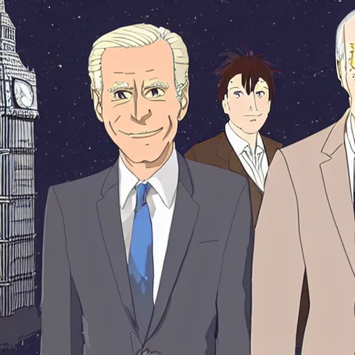 Image similar to The Tenth Doctor standing next to Joe Biden looking at Big Ben, Studio Ghibli