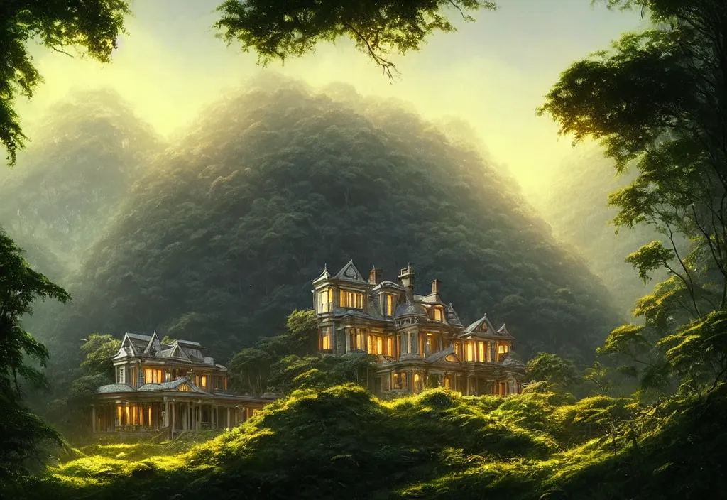 Prompt: victorian country house on a hillside surrounded by jungle, cinematic view, blue sky, detailed, concept art, high angle, high detail, warm lighting, volumetric, godrays, vivid, trending on artstation, by jordan grimmer, art greg rutkowski