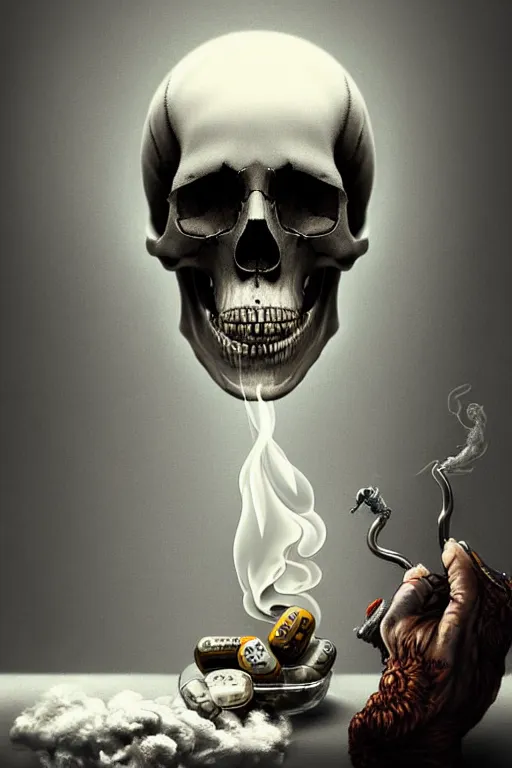 Image similar to stringejä and pile Off pills and a skull on the table, skull made out of smoke coming out of pills, fantasy, intricate, elegant, highly detailed, digital painting, artstation, concept art, smooth, sharp focus, illustration, art by Ilja Repin
