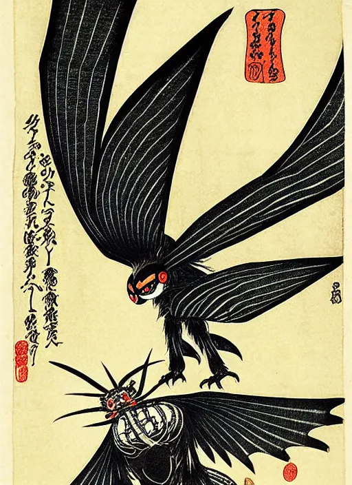 Prompt: mothman as a yokai illustrated by kawanabe kyosai and toriyama sekien