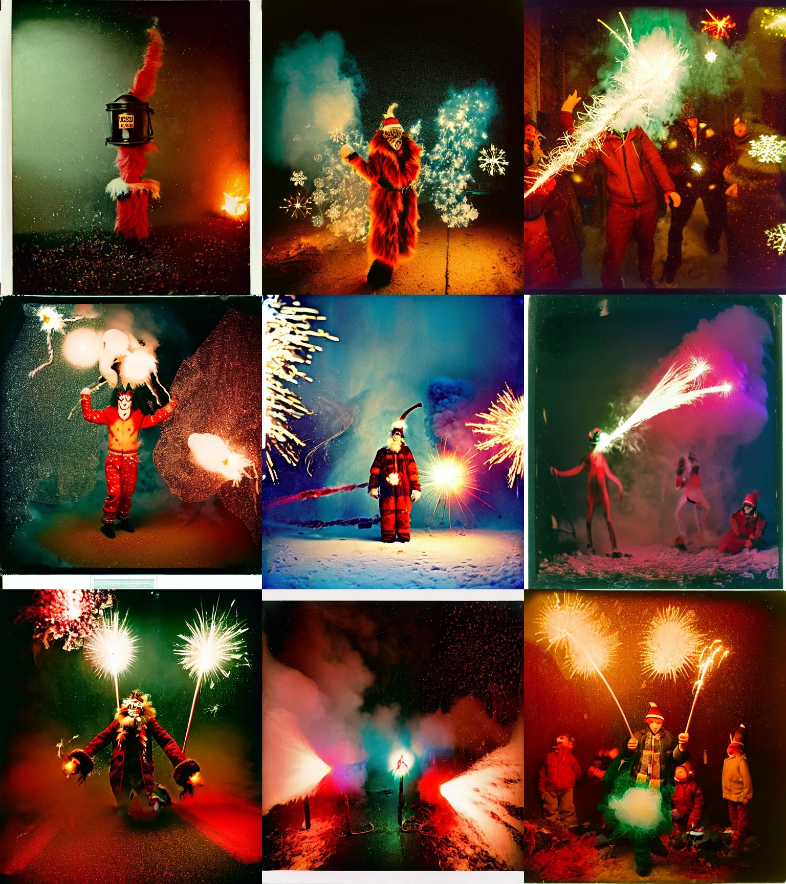 Image similar to kodak portra 4 0 0, wetplate, winter, snowflakes, rainbow coloured rockets, chaos, glitter tornados, award winning dynamic photo of a bunch of hazardous krampus between exploding fire barrels by robert capas, motion blur, in a small pantry at night with colourful pyro fireworks and torches, teal lights