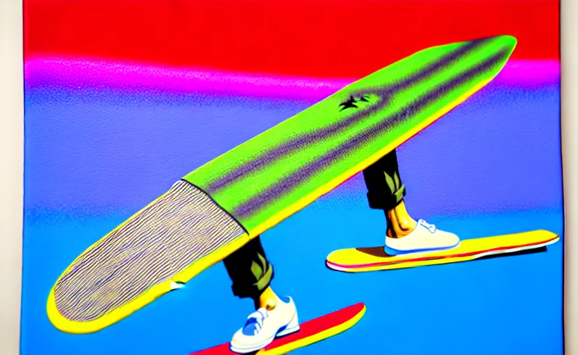 Image similar to flying skate boards by shusei nagaoka, kaws, david rudnick, airbrush on canvas, pastell colours, cell shaded!!!, 8 k