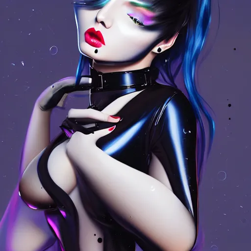 Image similar to a feminine curvy pale hot goth cutie wearing an tight navyblue-black-gold latex-nylon high-neck dress, choker necklace, cgsociety, photorealistic, sublime-cool-hyperadvanced-dark-amorous ambience, 16k, smooth, sharp focus, trending on ArtStation, volumetric lighting, fully clothed, thin waist