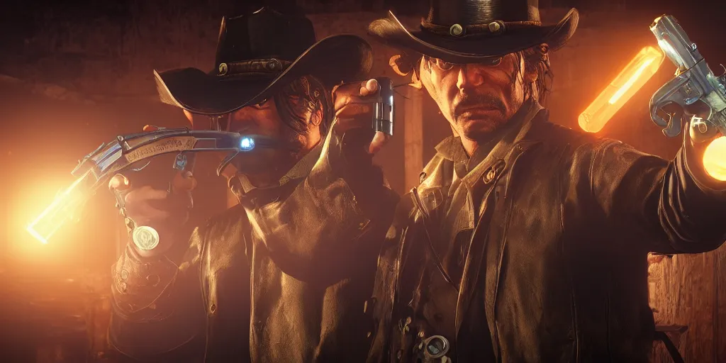 Image similar to a futuristic cowboy holding a glowing revolver to his enemies in a steampunk themed bar, red dead redemption 2, trending on artstation, digital art, award winning, cinematic lightning, god rays