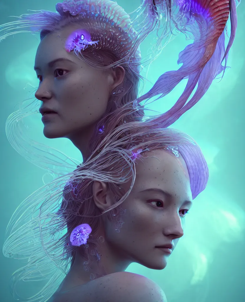 Image similar to goddess close-up portrait. orchid jellyfish phoenix head, nautilus, skull, betta fish, bioluminiscent creatures, intricate artwork by Tooth Wu and wlop and beeple. octane render, trending on artstation, greg rutkowski very coherent symmetrical artwork. cinematic, hyper realism, high detail, octane render, 8k