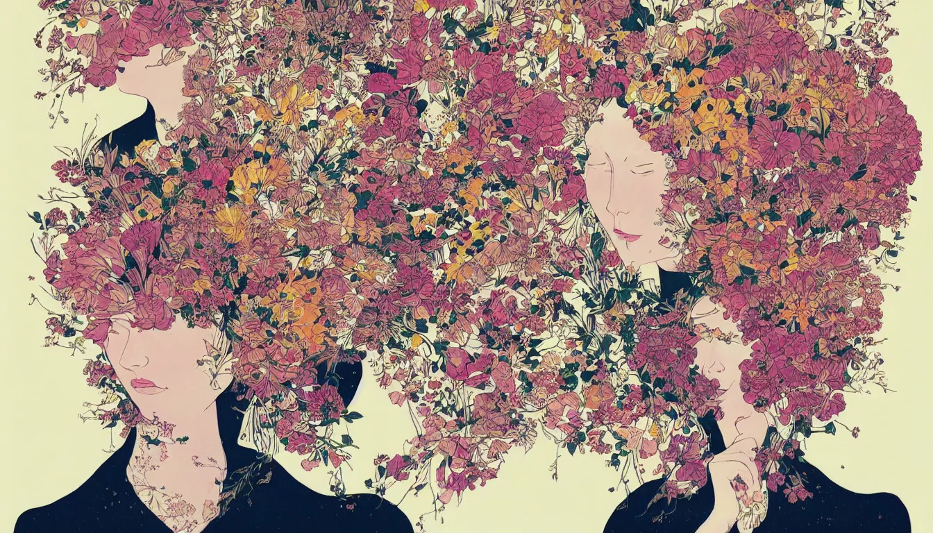 Prompt: beautiful woman with a head made from a bouquet of flowers by victo ngai