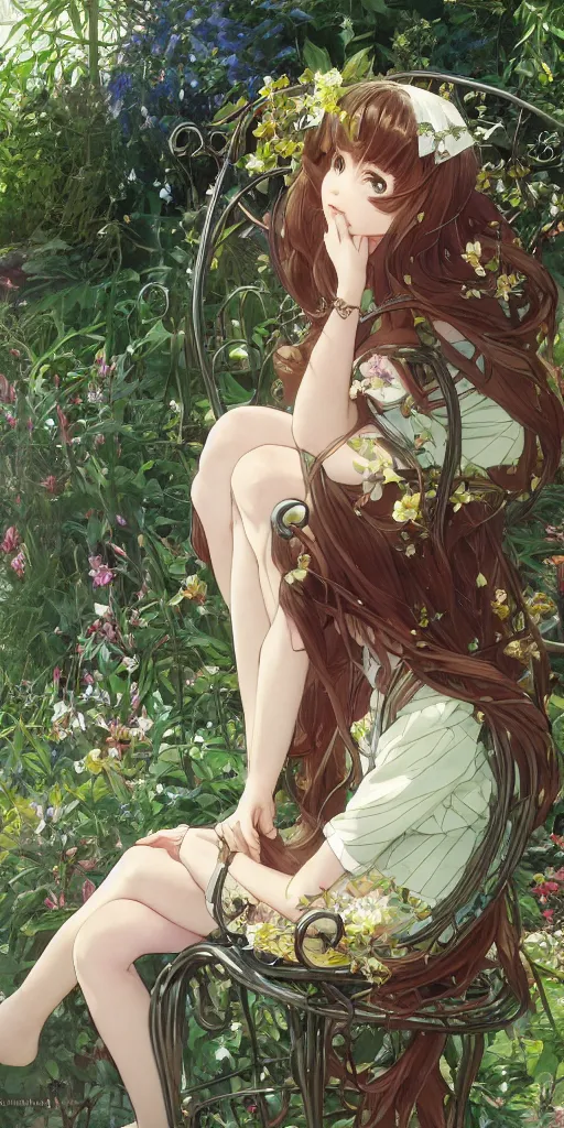 Prompt: a close up of a loli with long hair in a dress sitting on a metal garden chair in the privet garden at afternoon, green and warm theme, back lighting, by krenz cushart and mucha and akihito yoshida and greg rutkowski and studio ghibli, detailed eyes, 4 k resolution, trending on art station