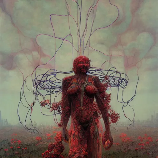 Prompt: A woman wearing clothes made out of thunder clouds and flowers, giant monsters in the background, red skin, Masterpiece, glowing, wires everywhere, by Edgar Maxence and Ross Tran, Zdzisław Beksiński, and Michael Whelan, distant, gustav dore, H.R. Giger, 8k, octane render