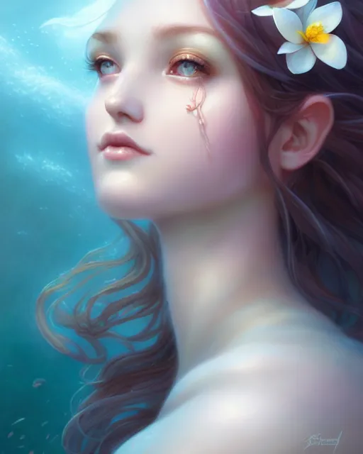 Image similar to character art of a goddess of magnolias as windy dusty underwater angelic young female | | seductive - fine - face, pretty face, key visual, realistic shaded perfect face, fine details by artgerm, wlop, tom bagshaw, james jean, andrei riabovitchev, marc simonetti, trending on artstation