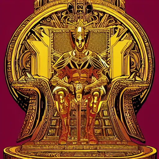 Image similar to a portrait o a god with a golden armor seated in a throne, moebius style