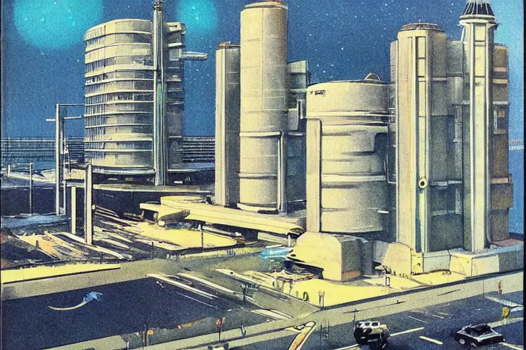 Image similar to 1 9 7 9 omni magazine cover of gate tower building off - ramp in fukushima. in cyberpunk style by vincent di fate