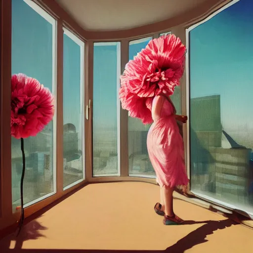 Image similar to giant carnation flower head, woman walking next to modern window in luxury apartment, surreal photography, sunlight, impressionist painting, digital painting, artstation, simon stalenhag