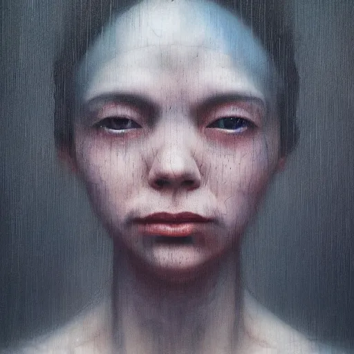 Prompt: portrait of an alien by Sean Yoro, Chie Yoshii and Martine Johanna, dark, moody, foggy, gloomy, high details, washed colors