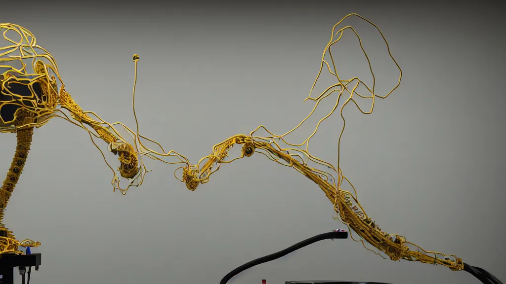 Image similar to a complex bifurcated robotic cnc surgical arm hybrid 3 d printer machine making organic ceramic kintsugi mandlebulb forms in the laboratory room, very thin gold wire, film still from the movie directed by denis villeneuve with art direction by salvador dali, wide lens, f 3 2, cinematic lighting, studio quality, smooth render, unreal engine 5 rendered, octane rendered