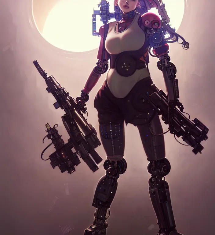 Prompt: full body painting of chuu loona cyberpunk mercenary smiling and fighting a robot, ultra realistic, concept art, intricate details, eerie, highly detailed, photorealistic, octane render, 8 k, unreal engine. art by artgerm and greg rutkowski and magali villeneuve and alphonse mucha