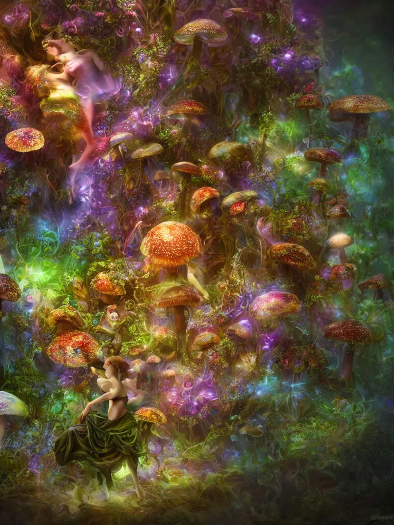 Prompt: fairy's dance in delight around a complex psychedelic engine creating mushrooms, by brian froud, octane render, 8 k, beautifully lit