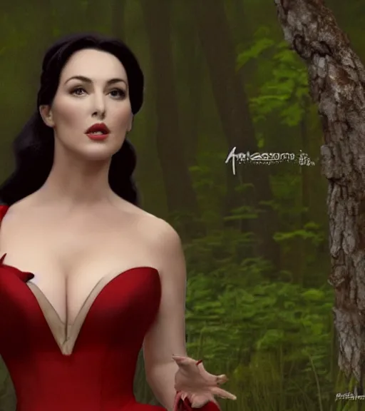 Prompt: film still of Monica Bellucci as snow white in red, in a forest by a pond with frogs, by artgerm, makoto sinkai, magali villeneuve, Gil Elvgren, Earl Moran,Enoch Bolles, symmetrical,