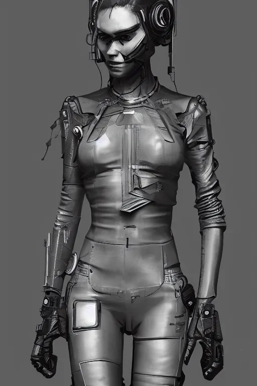 Image similar to t pose, cyberpunk, female character, beautiful head, nice legs, concept art, artstation, intricate details, dramatic lighting