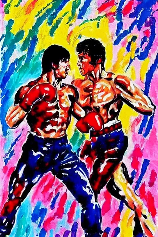 Prompt: fight between rocky balboa and terminator t 1 0 0 0, painting in the style of leroy neiman