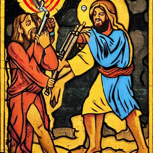 Prompt: jesus with guns killing demons