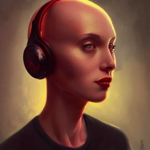 Image similar to portrait of a bald woman with red headphones, staring at you, black background, curious eyes, by Anato Finnstark, Tom Bagshaw, Brom