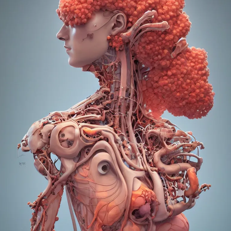 Image similar to portrait of beautiful!! woman with coral!! reef hair. torso, lungs, plates, biomechanical android. soft light painted by james jean and moebius!!! and erik jones, inspired by mary jane ansell, smooth face feature, intricate oil painting, high detail 3 d render, sharp high detail